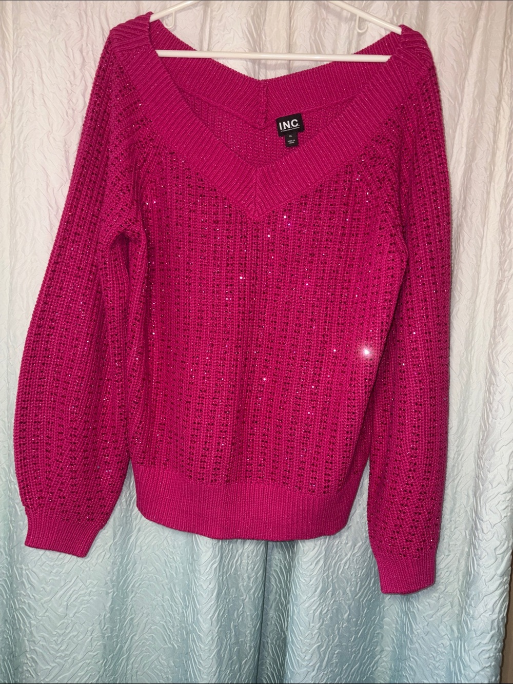 INC International Concepts Hot Pink V-Neck Sequin Knit Sweater